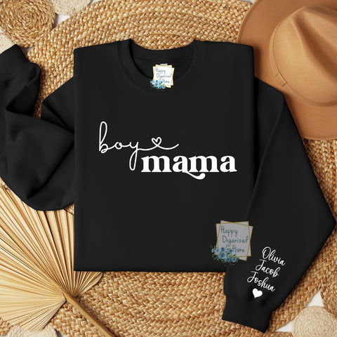 Boy Mama custom names on sleeve sweatshirt.  Personalized Mother's Day Sweatshirt