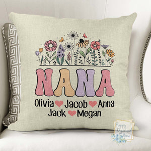 Retro Flower Custom Nana, Grandma Mom Personalized Pillow with Grandkids names