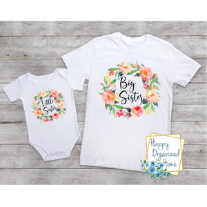 Big Sister and Little sister Floral Wreath-  bodysuit and tshirt set