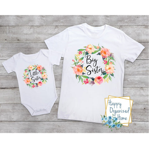 Big Sister and Little sister Floral Wreath-  bodysuit and tshirt set