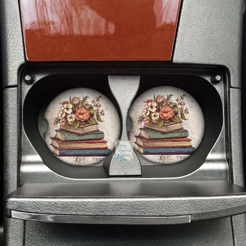 Floral Stack of Books Car coaster - Neoprene Cup Holder coaster