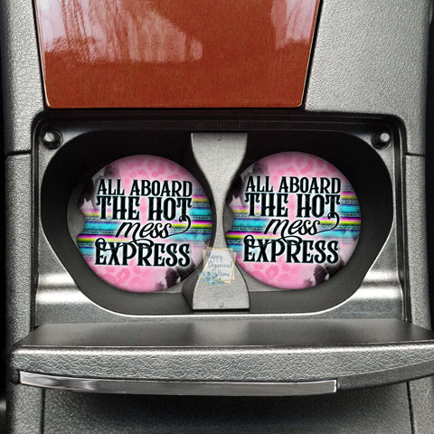 All aboard the hot mess express Car coaster - Neoprene Cup Holder coaster