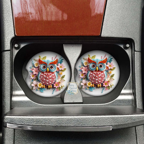 Floral Owl.  Car coaster - Neoprene Cup Holder coaster