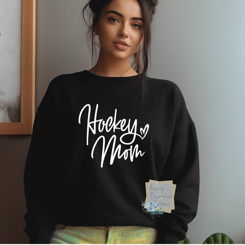 Hockey Mom Script Cursive Heart sweatshirt Ladies Unisex Sizing