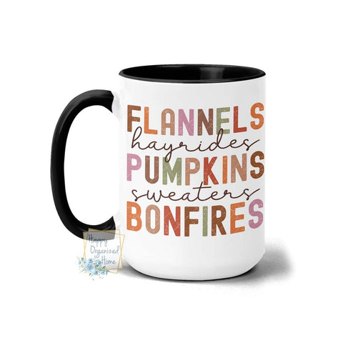Flannels Hayrides Pumpkins Sweaters Bonfires Fall Autumn Coffee Mug Tea Mug