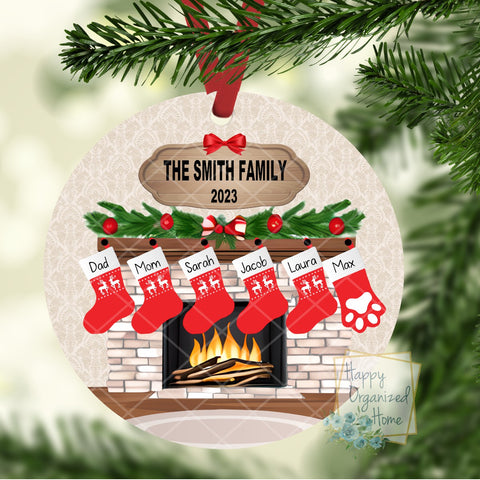 Family Christmas Ornament with Personalized Stockings On Fireplace. Includes Pet Stockings!!