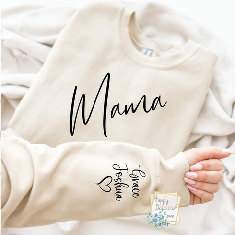 Personalized Mama, Nana Script Cursive Mother's Day Sweatshirt with names on sleeve