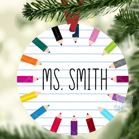 Personalized Teacher Gift Christmas Ornament with Teacher Name and Pencil Crayons, Coloured Pencils