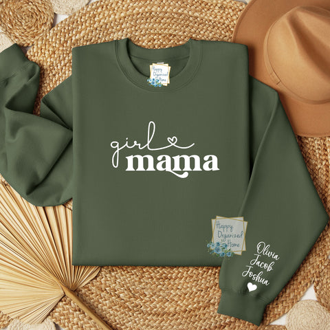 Girl Mama custom names on sleeve sweatshirt.  Personalized Mother's Day Sweatshirt