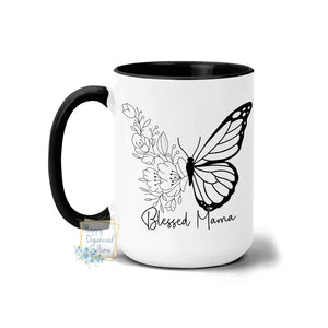 Blessed Mama Flowers and Butterfly Black and White - Coffee Mug Tea Mug
