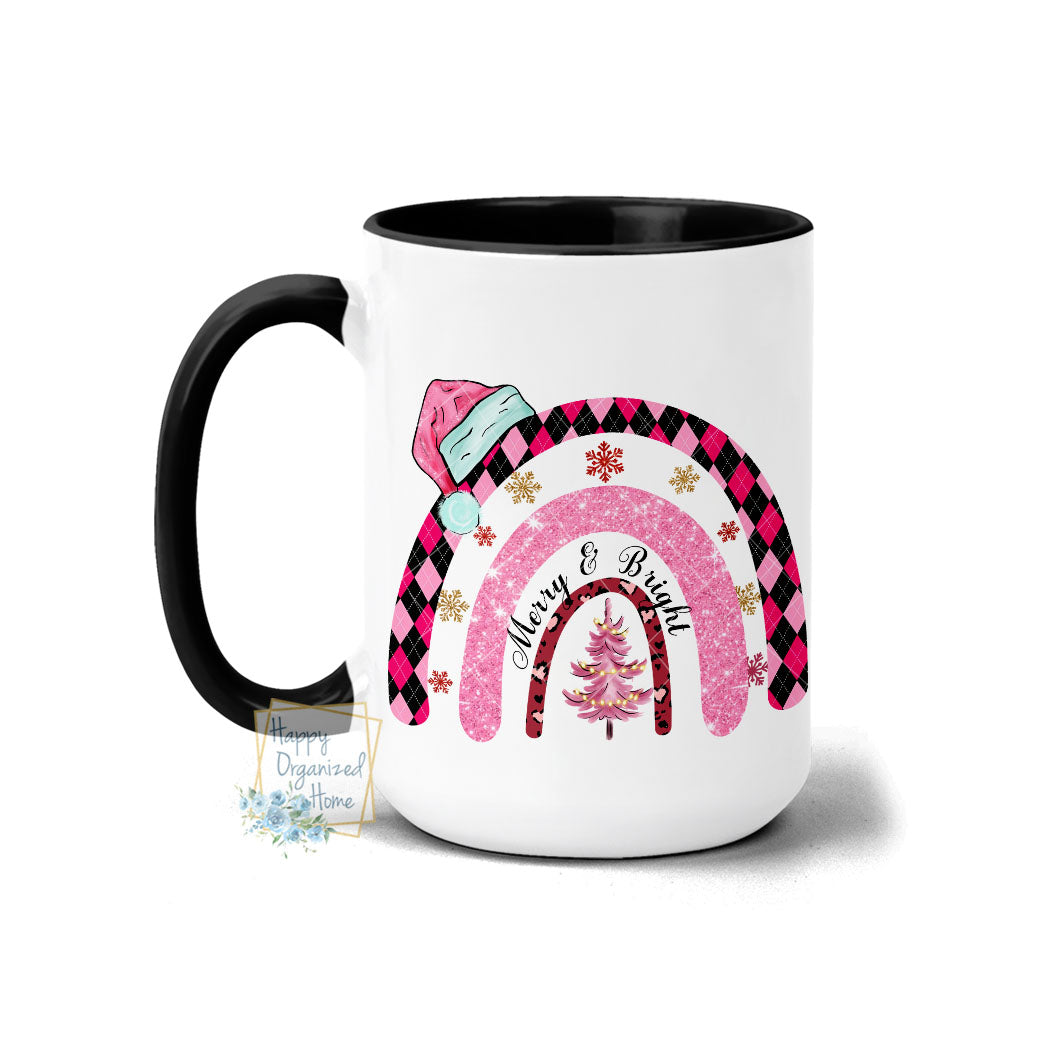 Merry And Bright Pink Retro style Rainbow - Christmas Mug