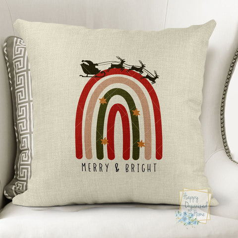 Merry and Bright Sleigh rainbow Boho style Christmas Pillow -  Home Decor Pillow Or Pillow Cover