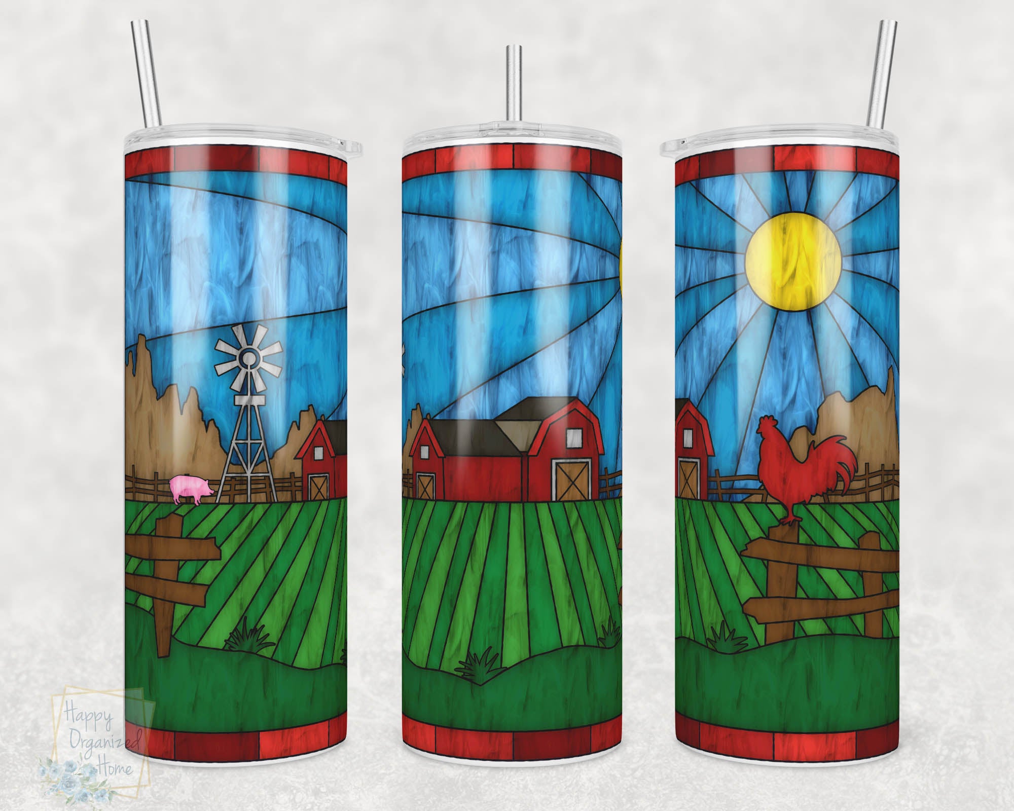 Farm Stained glass look  -  20oz Skinny Insulated tumbler with metal straw