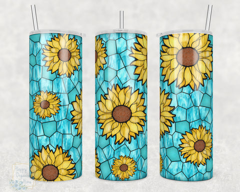 Sunflower Floral Flowers Stained Glass -  20oz Skinny Insulated tumbler with metal straw