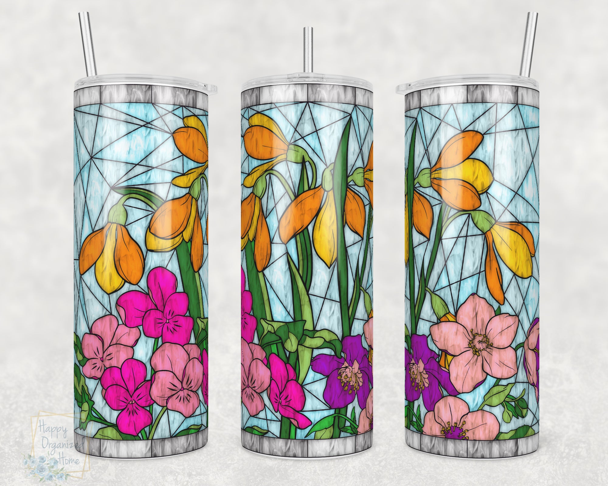 Floral Flowers Stained Glass -  20oz Skinny Insulated tumbler with metal straw