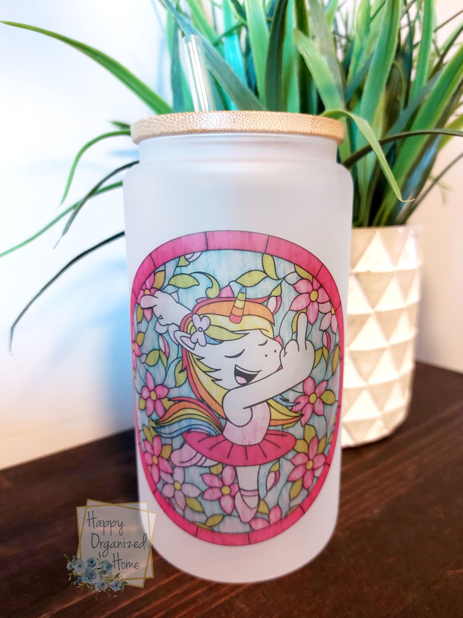 Stained Glass Style Unicorn with Middle Finger - Frosted Glass Can 16oz with Bamboo lid and straw