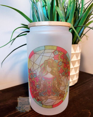Stained Glass Style Zen Woman- Frosted Glass Can 16oz with Bamboo lid and straw