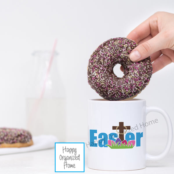 Happy Easter Printed Mug with Cross and Eggs
